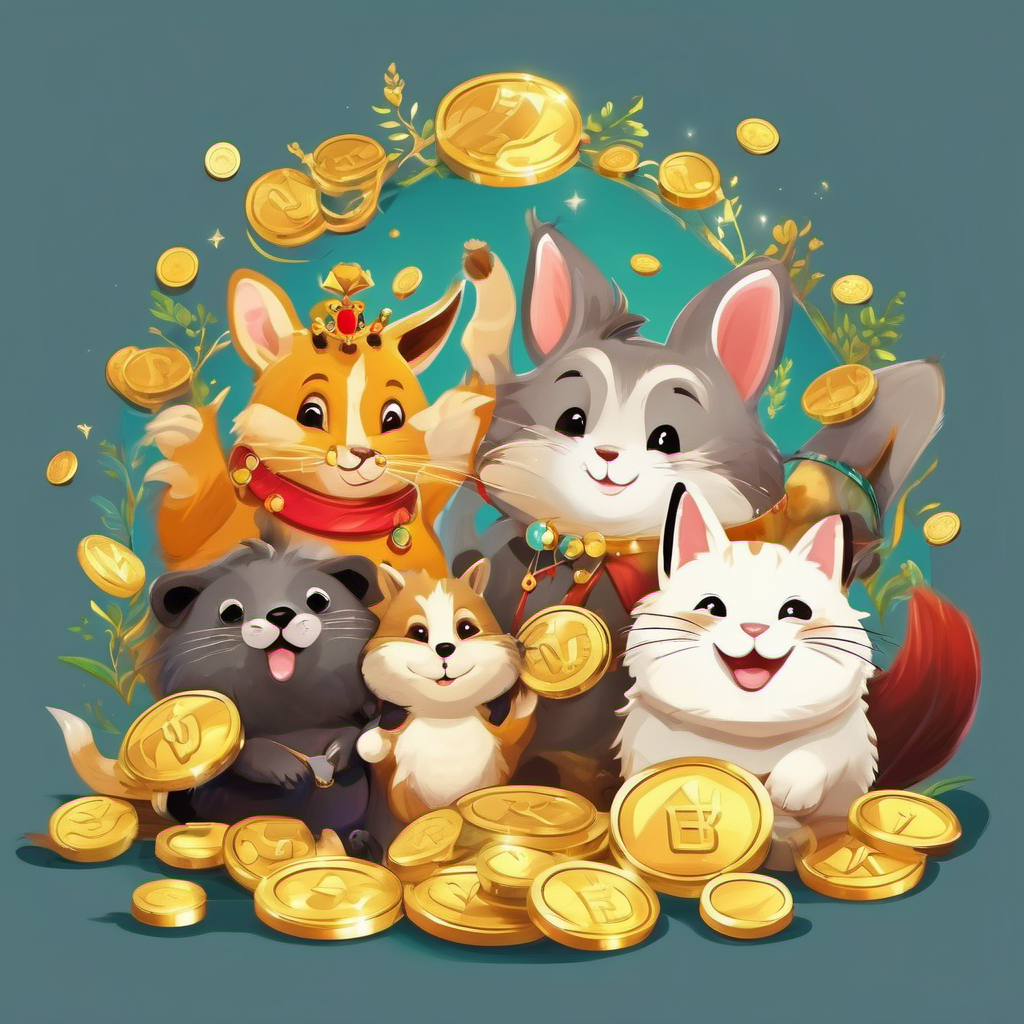 Happy animals celebrating with jewels and gold coins