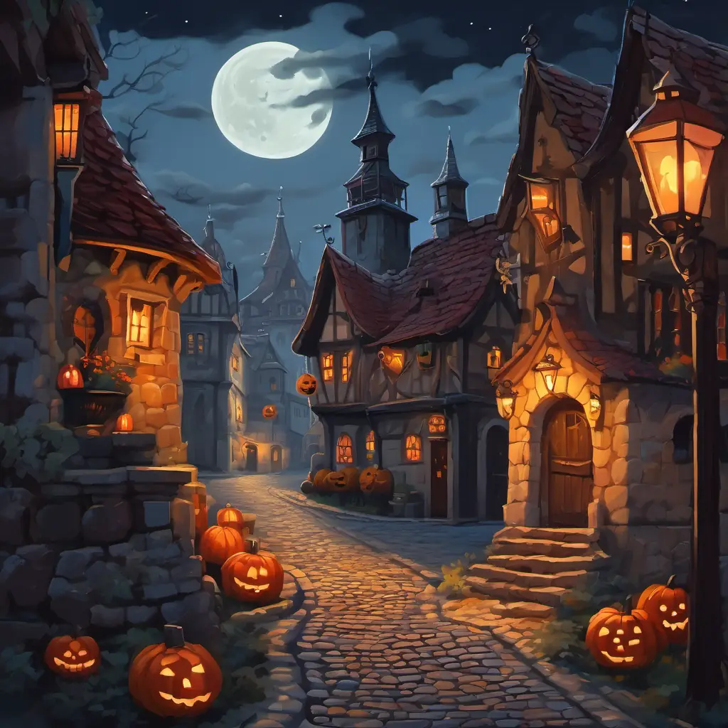 A dark and moonlit night in a centuries-old medieval village; A skeleton with glowing red eyes, standing tall and proud, a skeleton with glowing red eyes, stands in the center, surrounded by cobblestone streets and quaint houses.