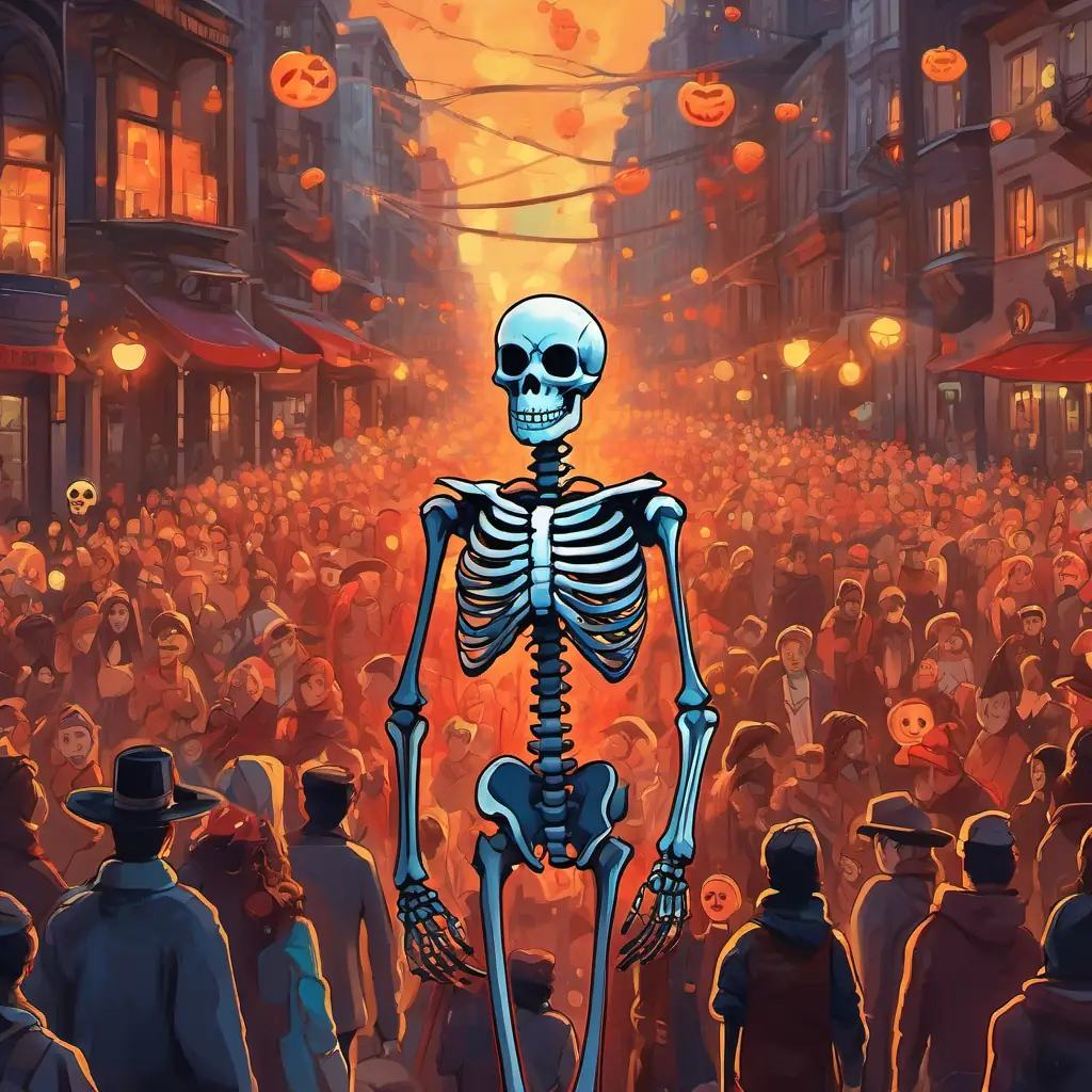 A skeleton with glowing red eyes, standing tall and proud walks among a crowd of diverse people bustling with energy and emotions, each with their unique characteristics and expressions.