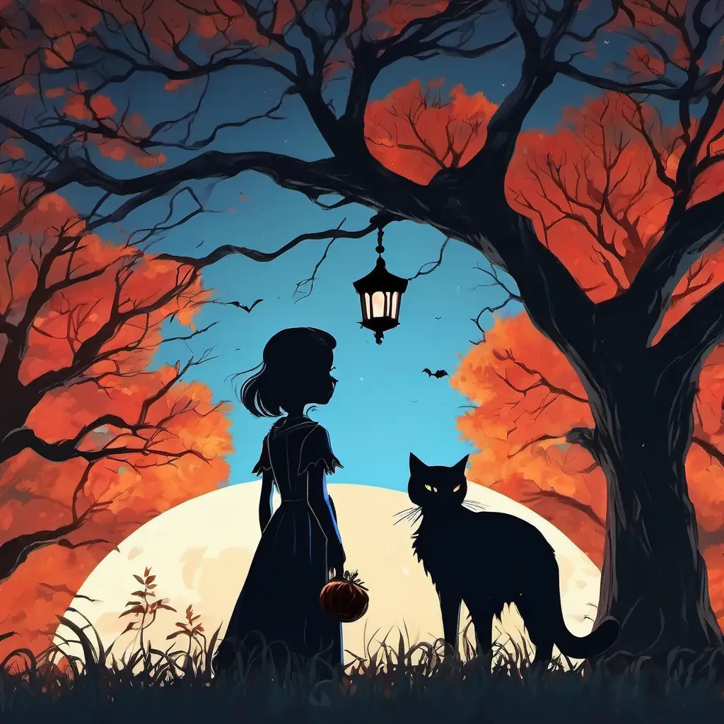 A skeleton with glowing red eyes, standing tall and proud and A young girl with bright blue eyes and a tear-streaked face standing under a moonlit tree, with the silhouette of the cat perched on a branch above them.