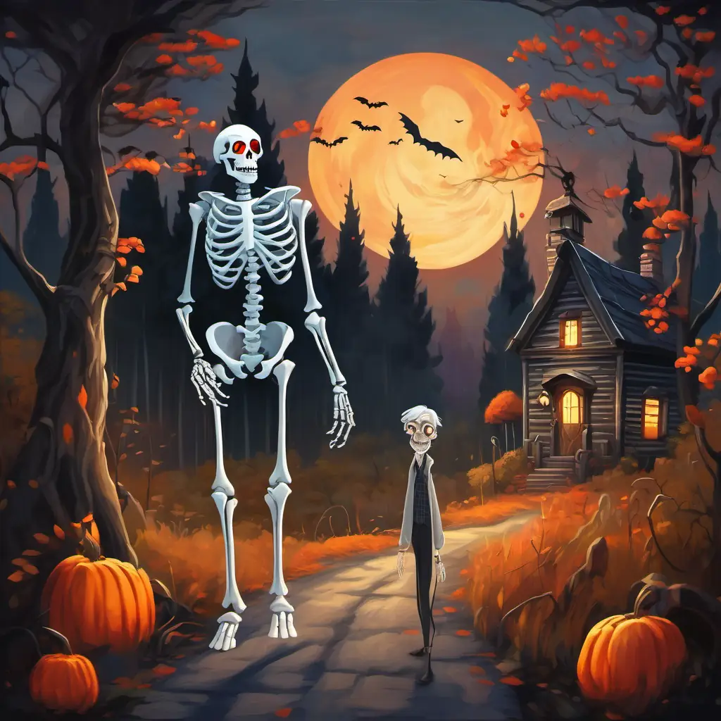 A skeleton with glowing red eyes, standing tall and proud and An old man with wrinkled skin and a trembling voice standing at a crossroads, with a dark forest on one side and a distant light of a cozy cottage on the other.