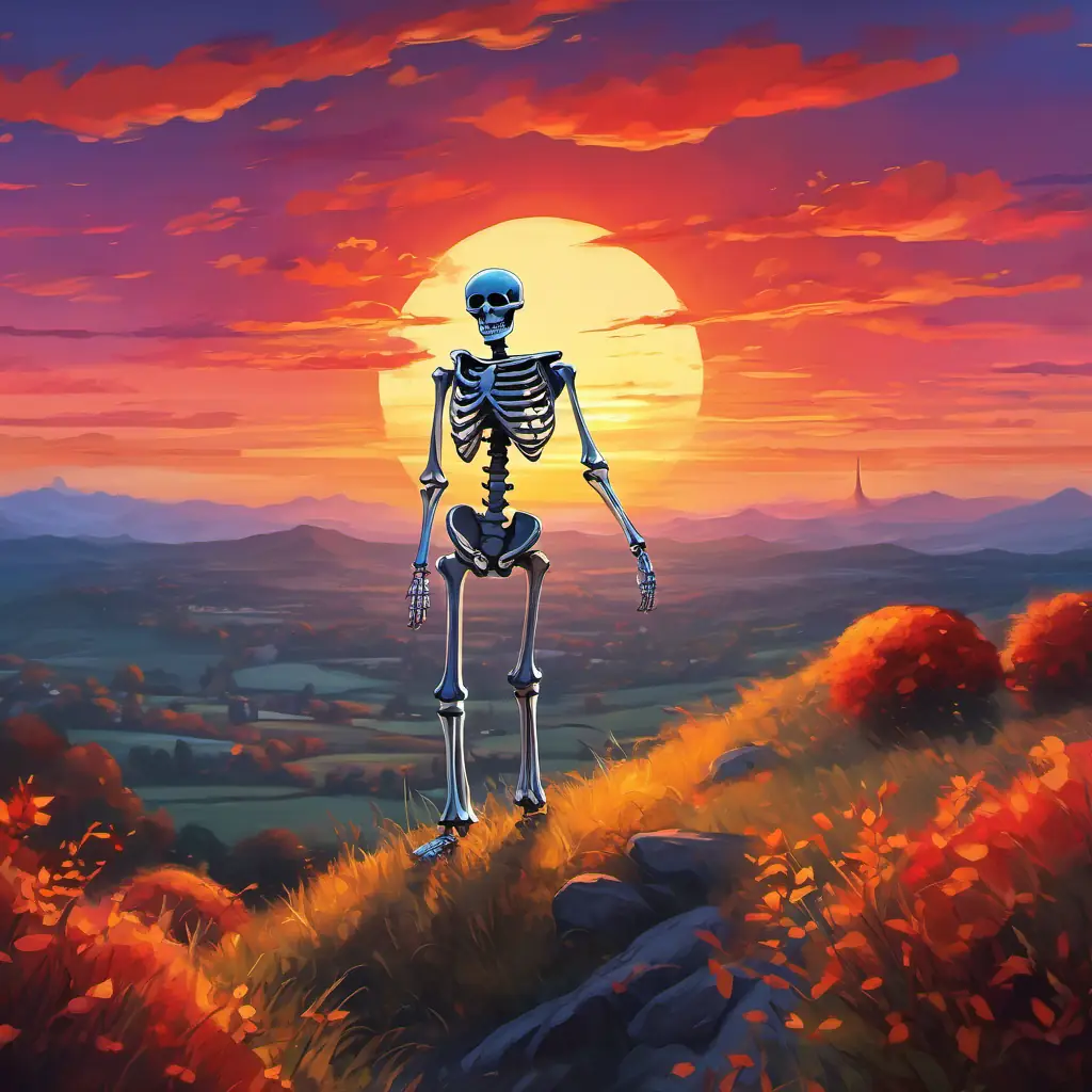 A skeleton with glowing red eyes, standing tall and proud standing on a hill, overlooking a vibrant sunset with arms outstretched, embracing the beauty of the world.