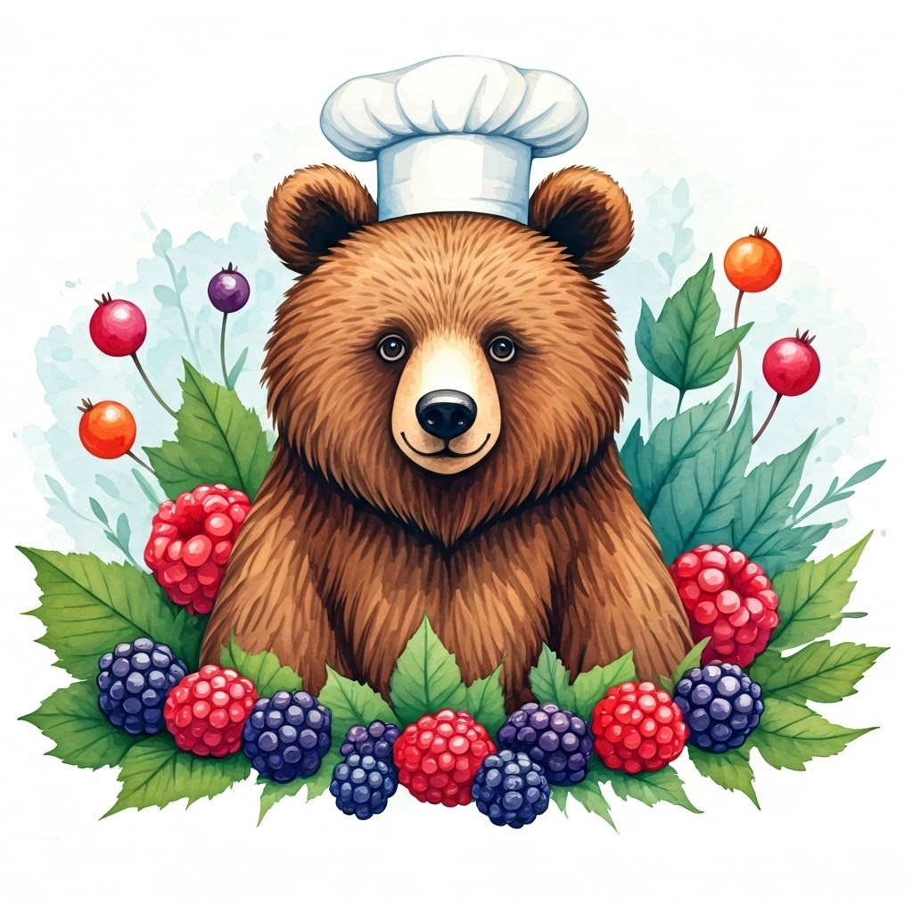 A brown bear with a chef hat surrounded by colorful berries.