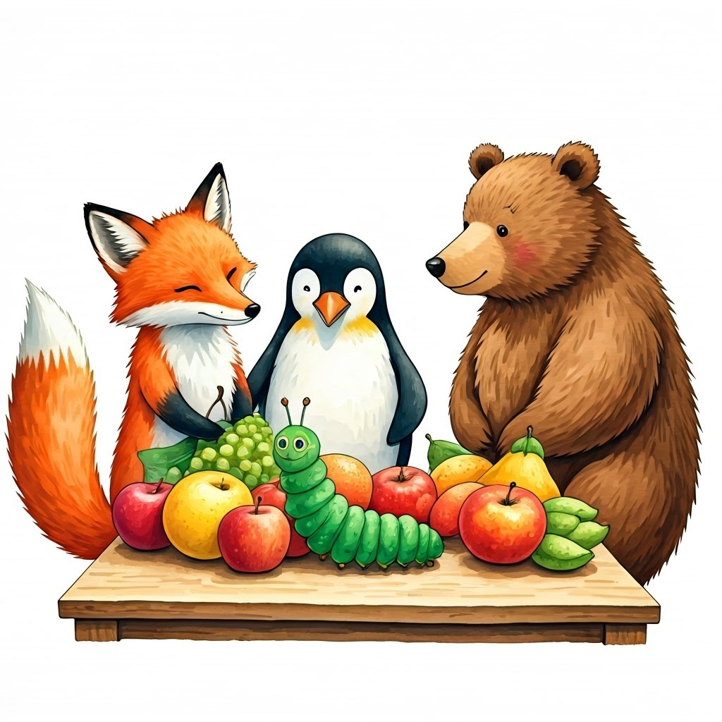 A fox, penguin, caterpillar, and bear gathered around a table full of fruits.