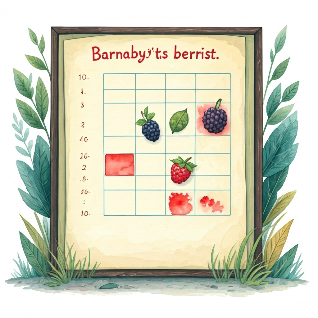 The chart with 10 red boxes filled in, representing Barnaby's berries.