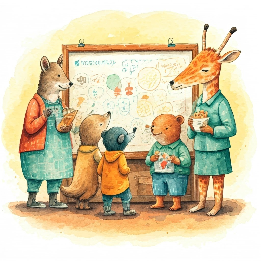 All the animal friends gathered around the chart, smiling and enjoying snacks together.