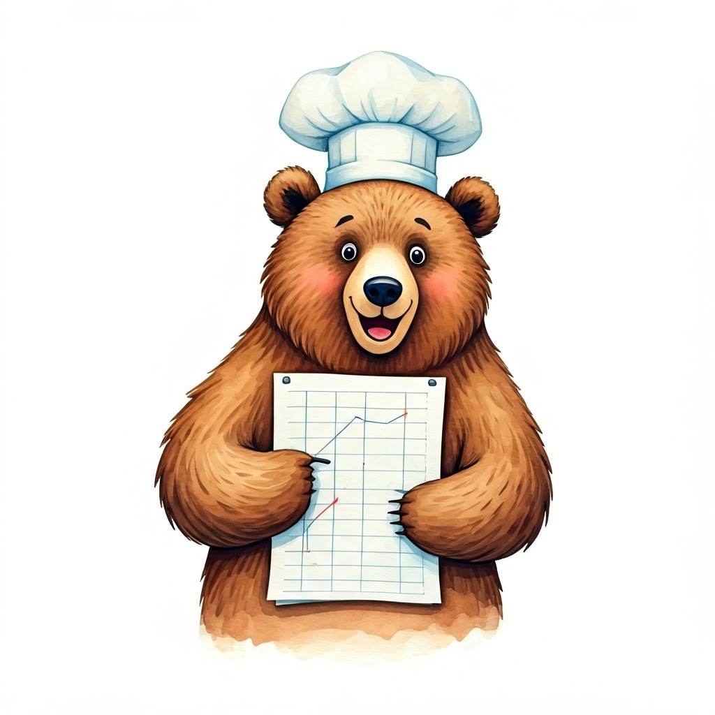 A friendly brown bear with a chef hat, loves berries holding a graph paper and pointing at it excitedly.