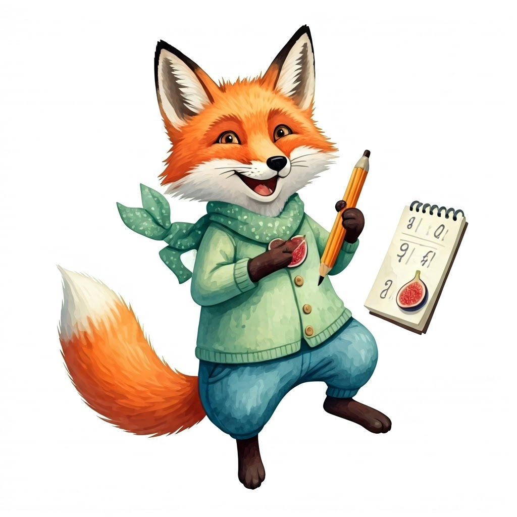 A clever fox who loves figs and numbers jumping excitedly, holding a pencil and notepad.