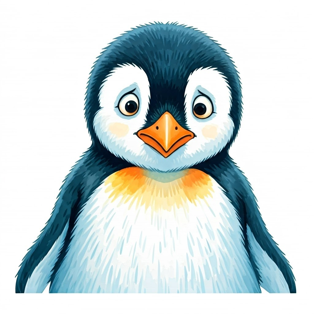 A sweet penguin who enjoys plums and asking questions looking concerned, with wide eyes and a worried expression.