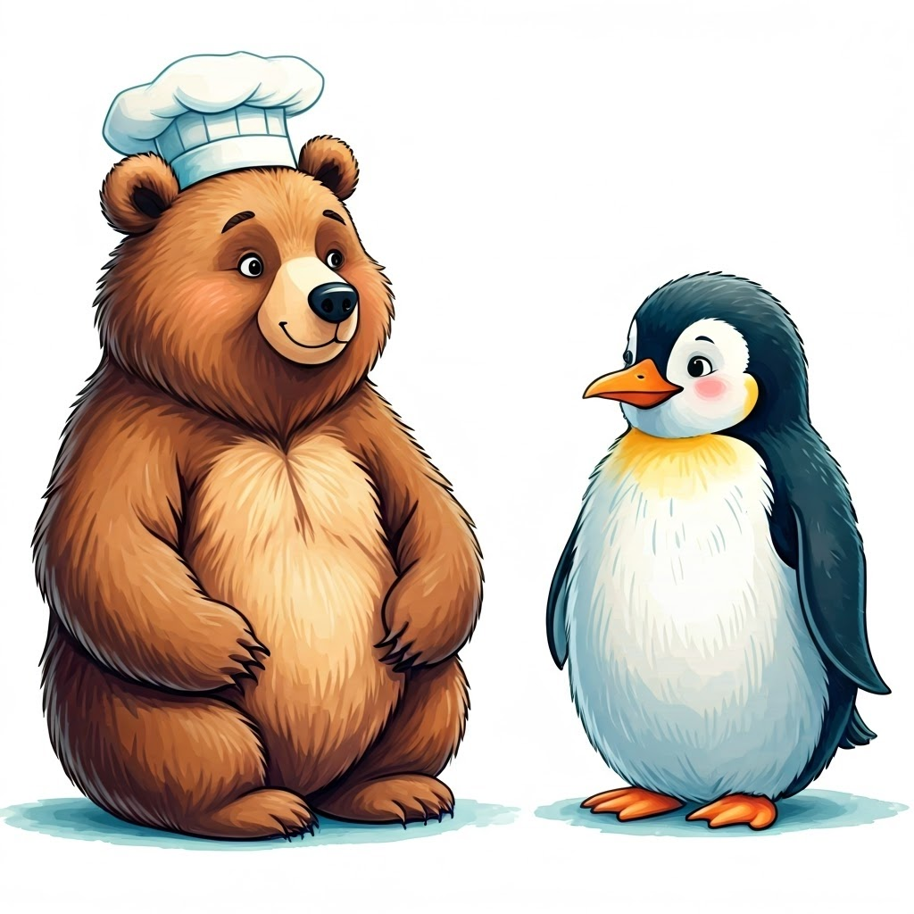 A friendly brown bear with a chef hat, loves berries winking reassuringly at A sweet penguin who enjoys plums and asking questions.