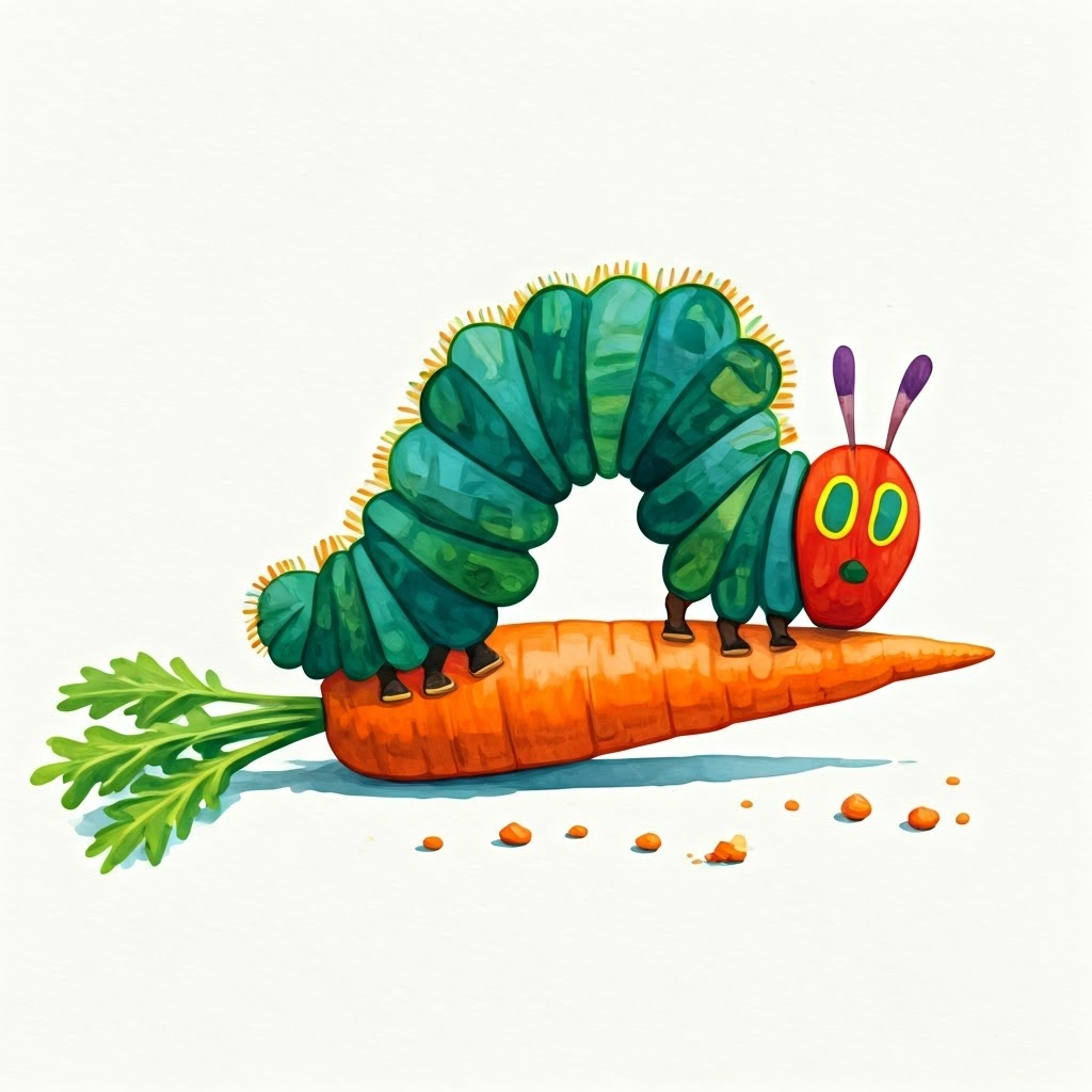 A hungry caterpillar with a fondness for crunchy carrots munching on a carrot, with crumbs on his face.