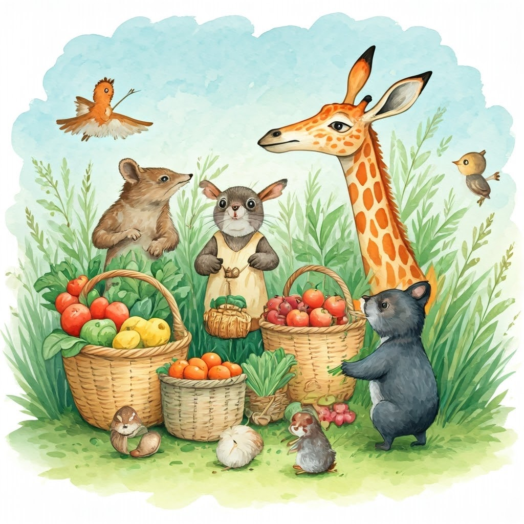 All the animal friends gathering fruits and vegetables excitedly.