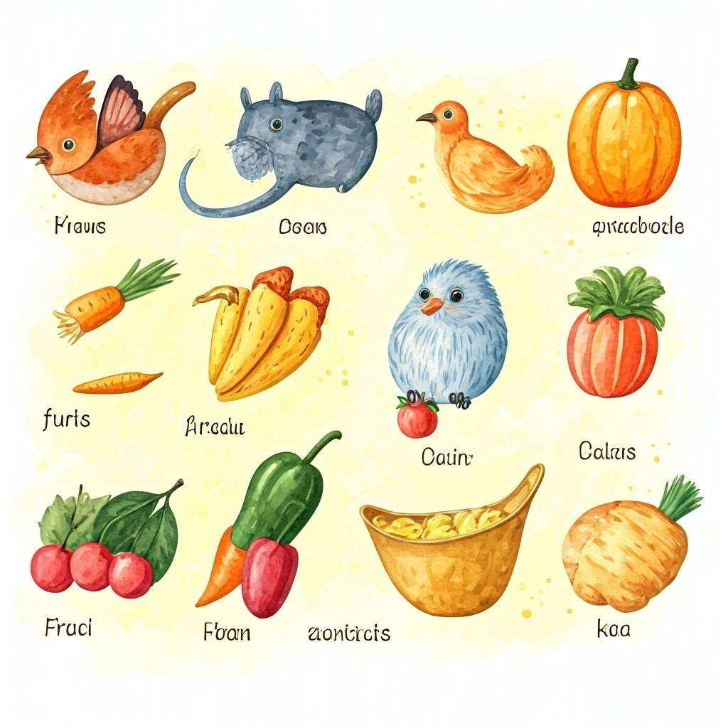 Each animal counting their fruits and vegetables, with the numbers displayed above them.