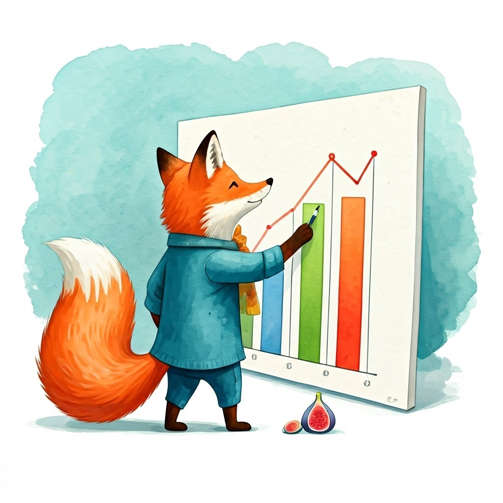 A clever fox who loves figs and numbers drawing a large graph chart with a marker.