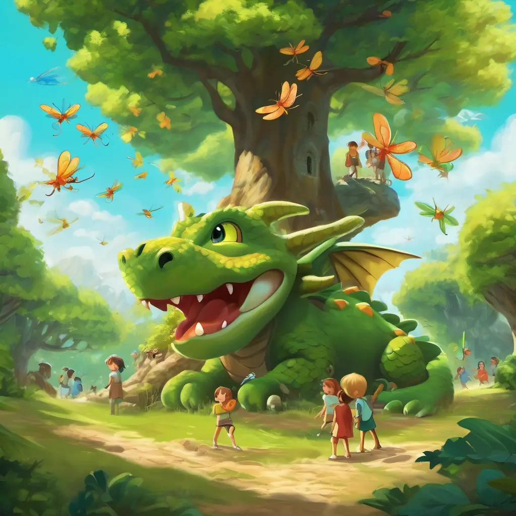 A cute little dragon with green scales and curious eyes the dragon flies over a group of children playing with numbers near a big tree.