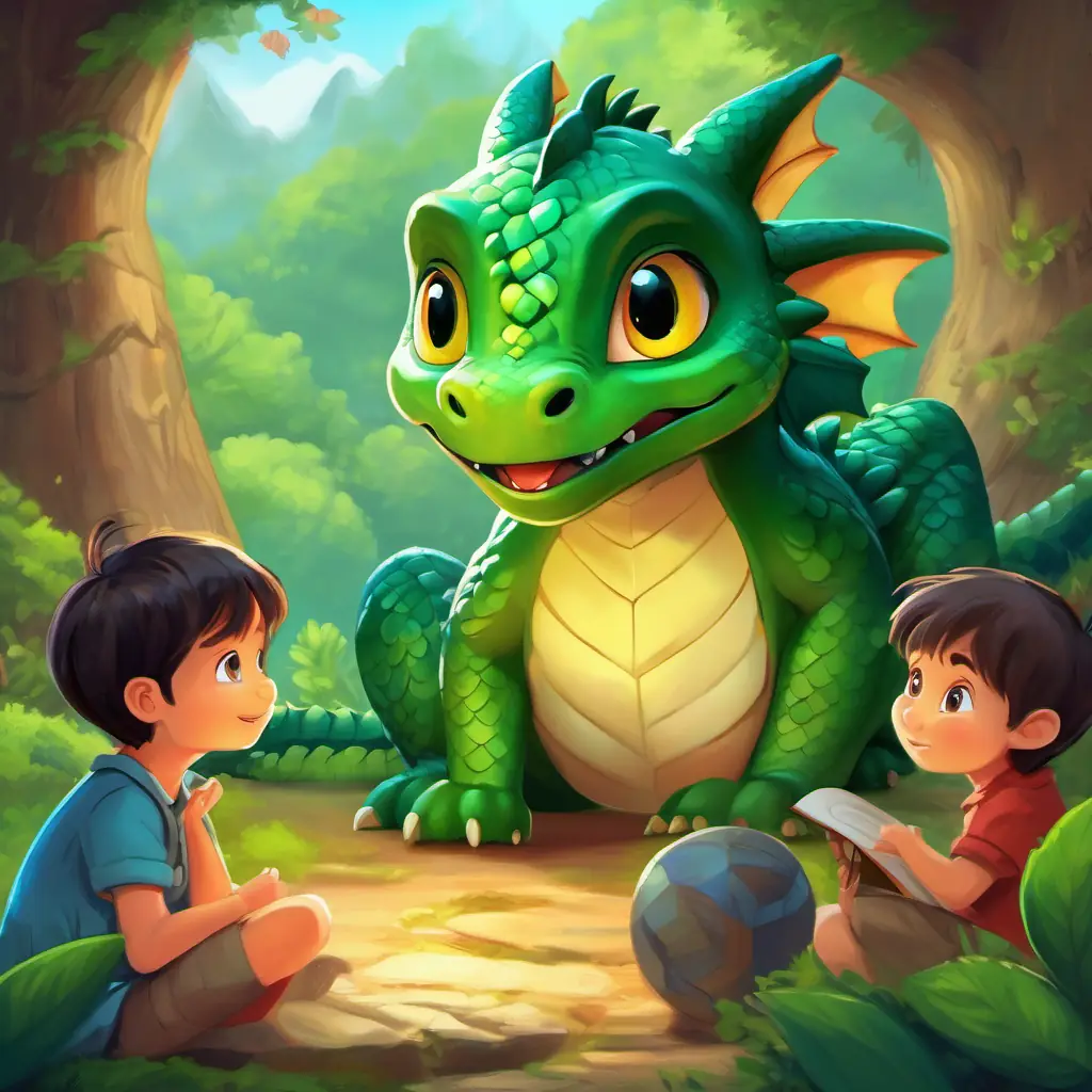 A cute little dragon with green scales and curious eyes sits with the children, listening attentively as they explain addition.