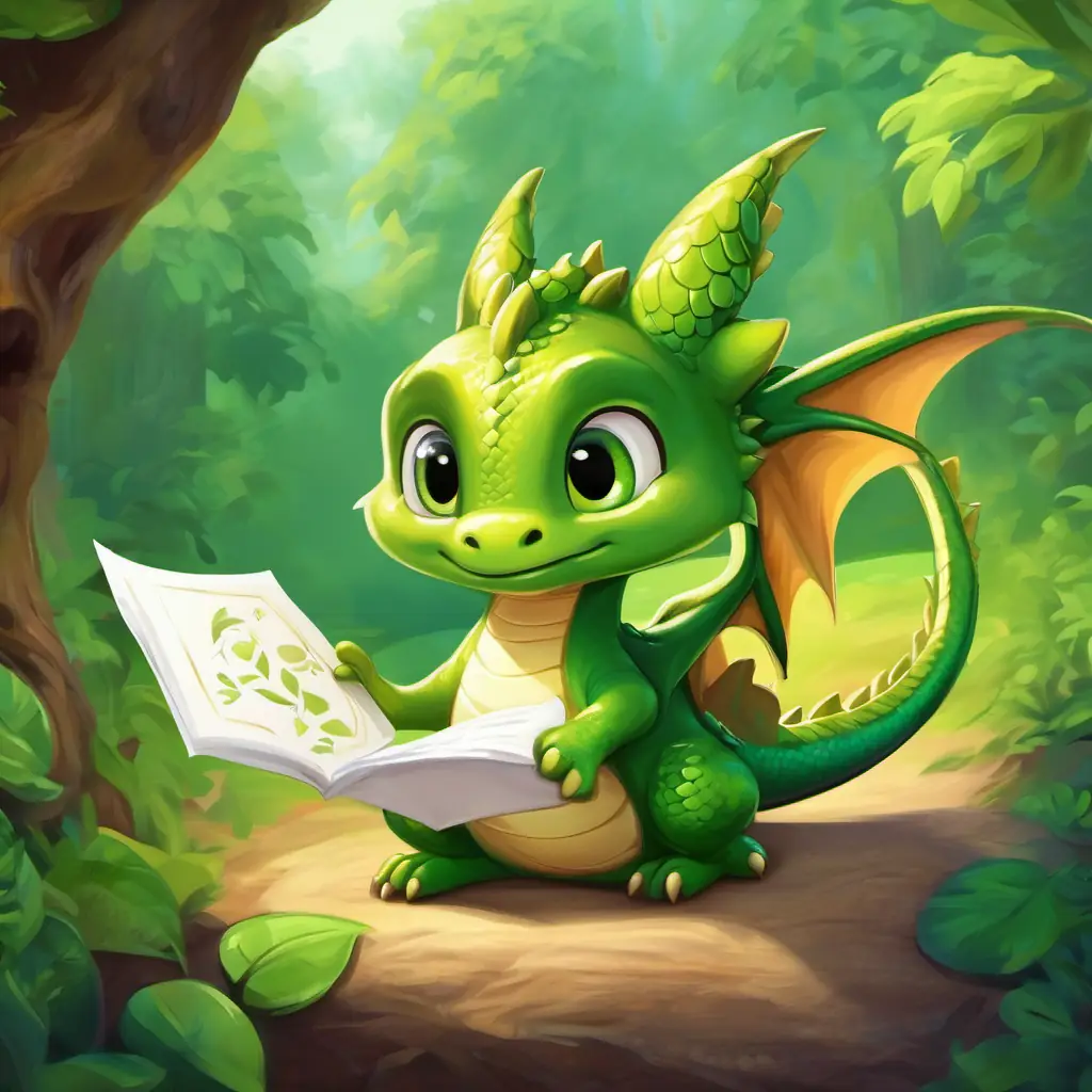 A cute little dragon with green scales and curious eyes receives a certificate from the children for learning addition.