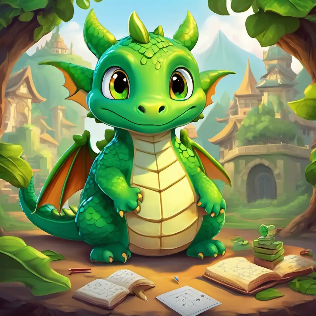 A cute little dragon with green scales and curious eyes helps other dragons and creatures solve math problems, becoming the Math Dragon.