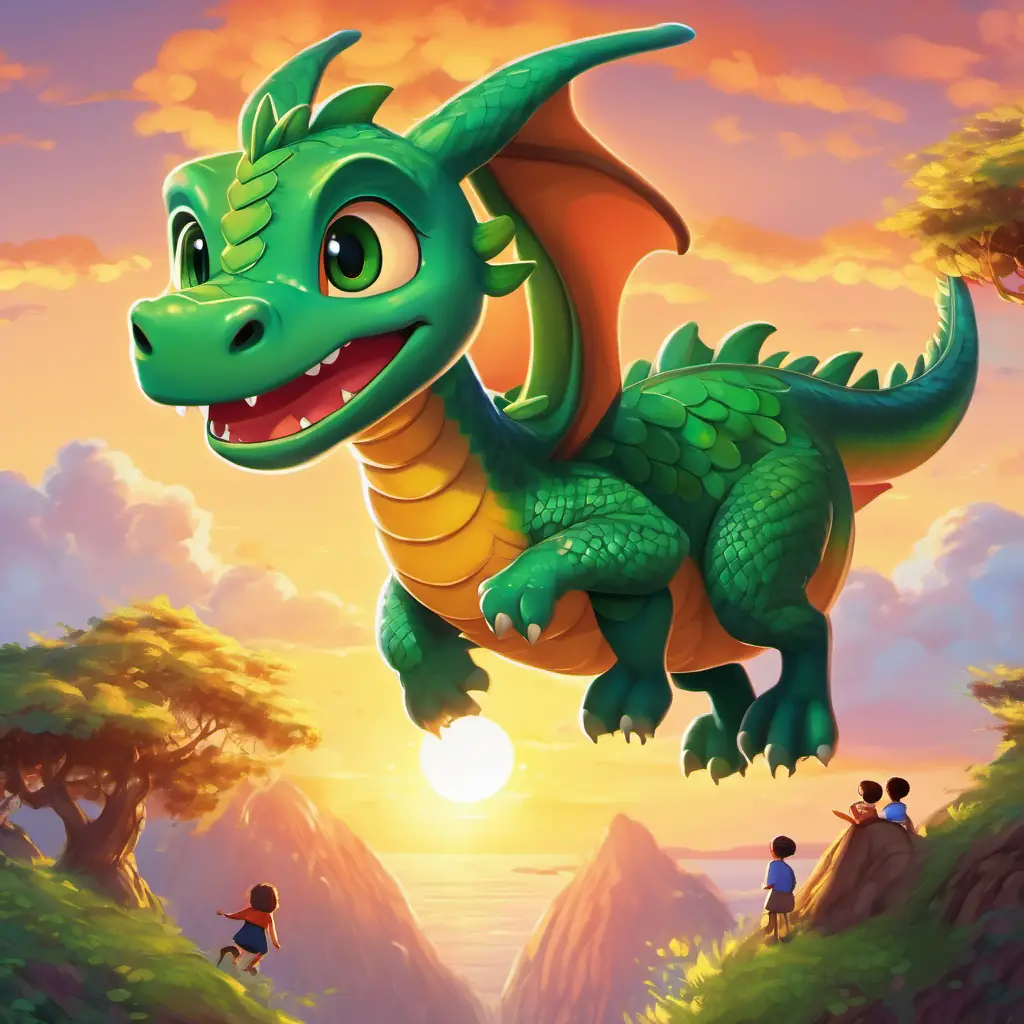 A cute little dragon with green scales and curious eyes flies off into the sunset with a smile, surrounded by happy children.