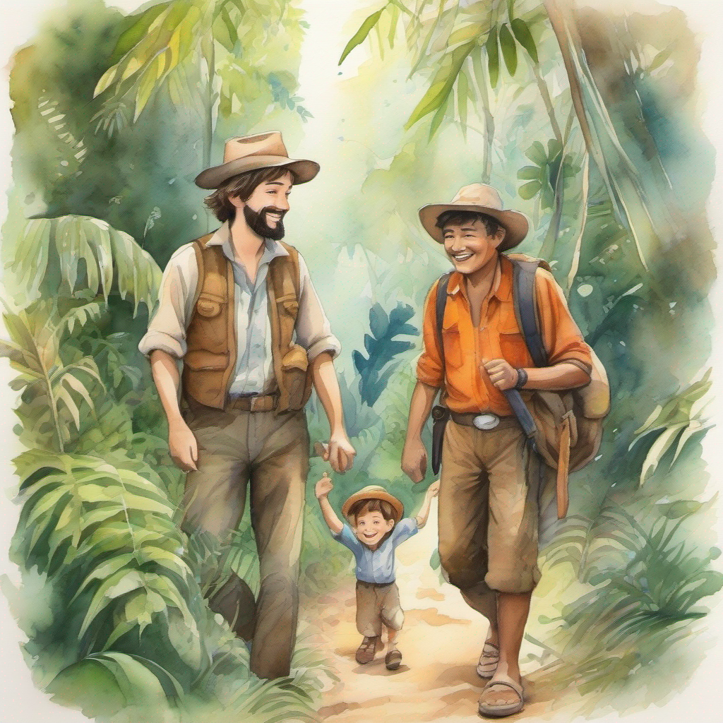 Adventure-loving boy with wild brown hair and friendly smile meets an old man and his family in the jungle