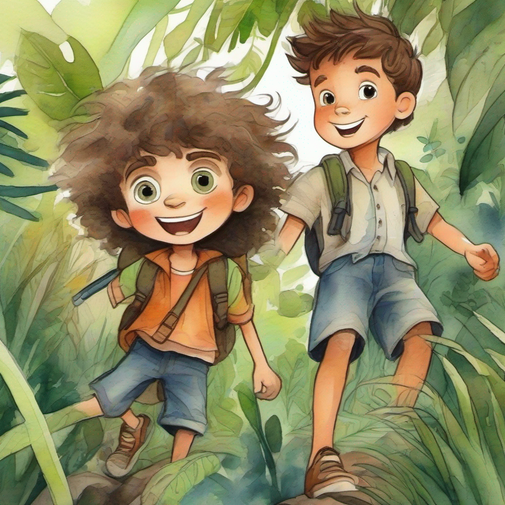 Adventure-loving boy with wild brown hair and friendly smile rescues Curious boy with big eyes and messy hair from the jungle