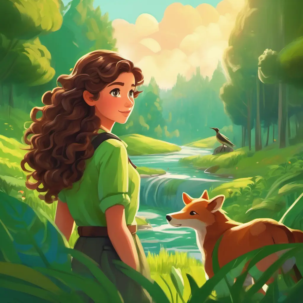 Curly brown hair, bright green eyes, nature-loving girl and her friends go on a journey, meeting new animals and learning about the river's ecosystem.