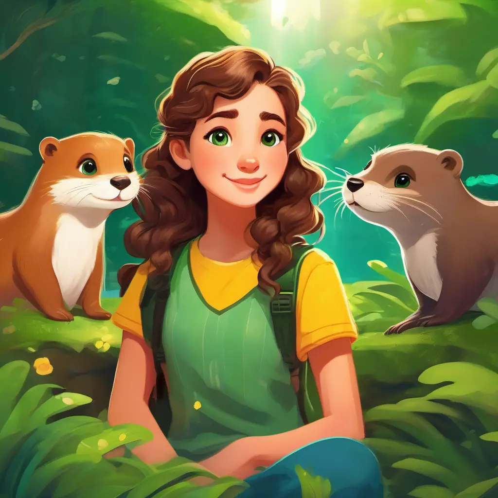 Curly brown hair, bright green eyes, nature-loving girl and her friends face a challenge with a mischievous otter, but they use kindness and clever thinking to solve the problem.