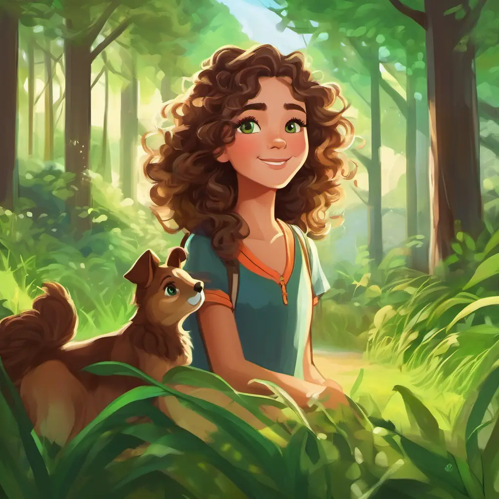 Curly brown hair, bright green eyes, nature-loving girl's ongoing dedication to nature and her gratitude to her animal friends for helping her on the adventure.