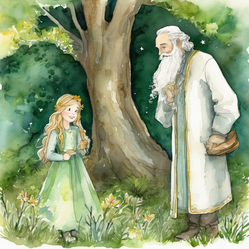 As they journeyed through the deep green forest, Lily noticed a strange old man sitting beneath a big oak tree. He had a long white beard that touched the ground, and his eyes twinkled like stars. The old man smiled at Lily, and without hesitation, she ran up to him. "Hello, sir!" Lily said with a cheerful smile. "My name is Lily. What's your name?"