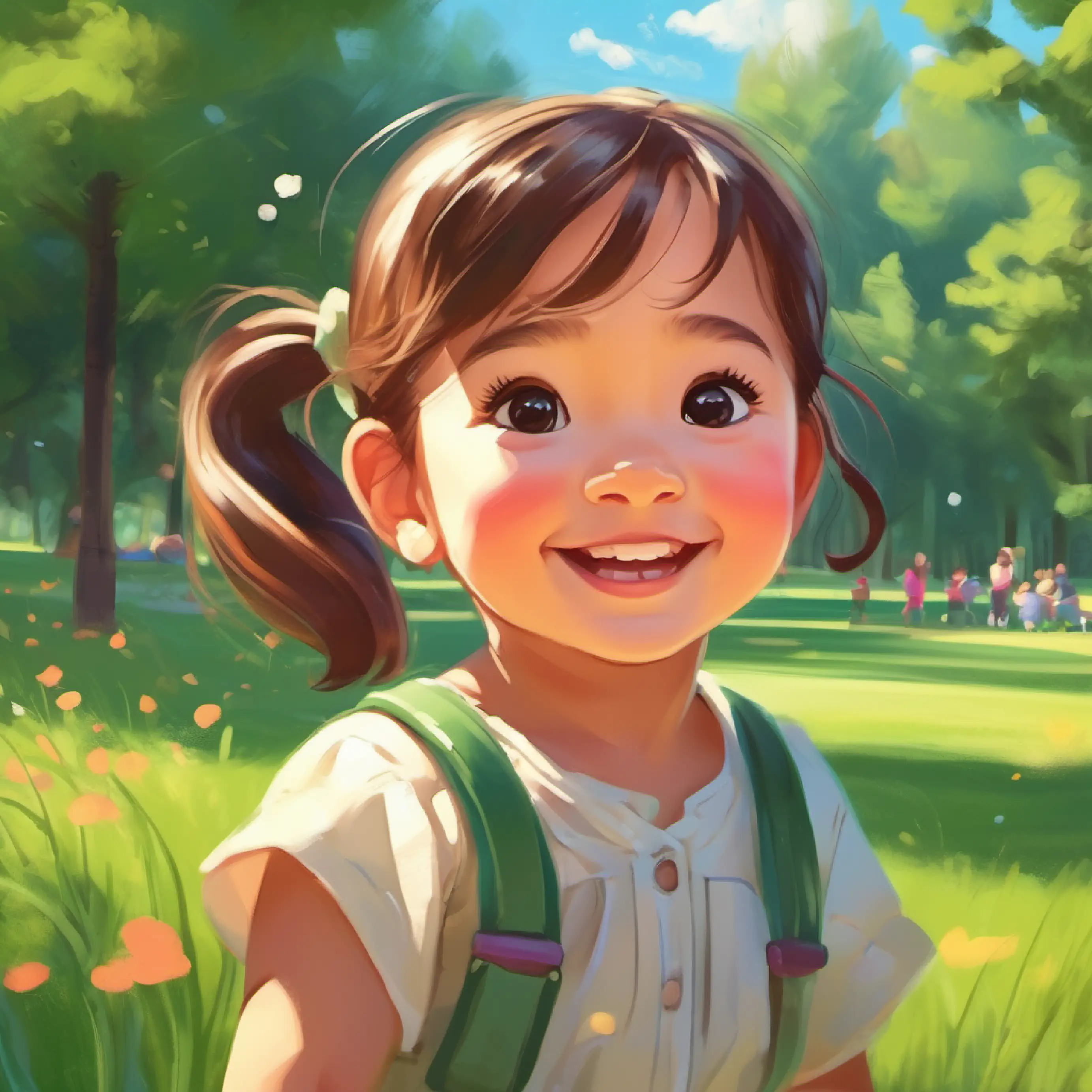 A little girl with rosy cheeks, big brown eyes, and a ponytail playing in the sunny park, with green grass and laughter, happy and carefree