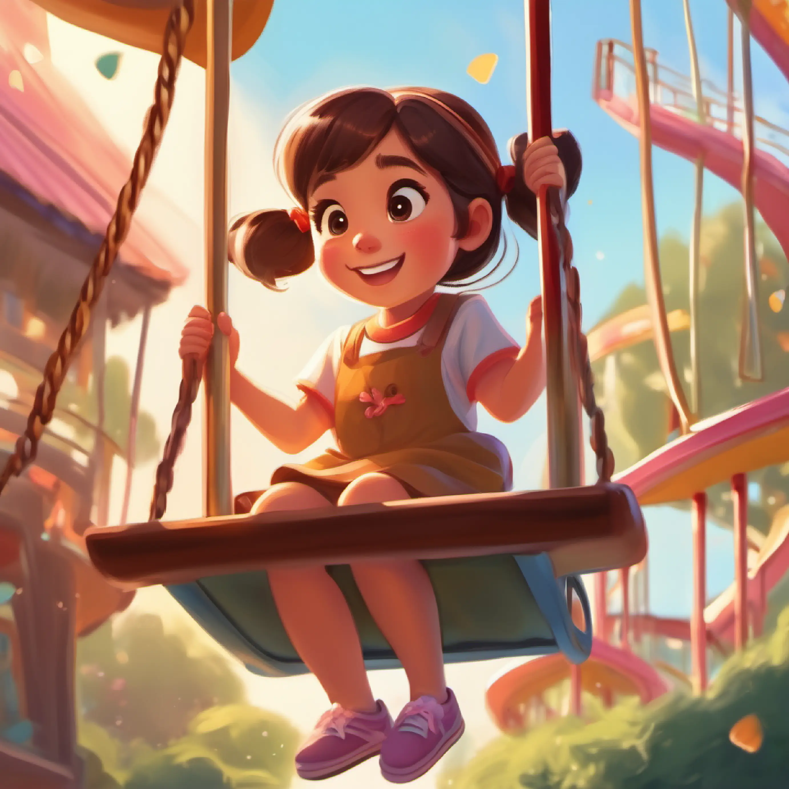 A little girl with rosy cheeks, big brown eyes, and a ponytail playing on the swings, slide, and merry-go-round, feeling free and joyful