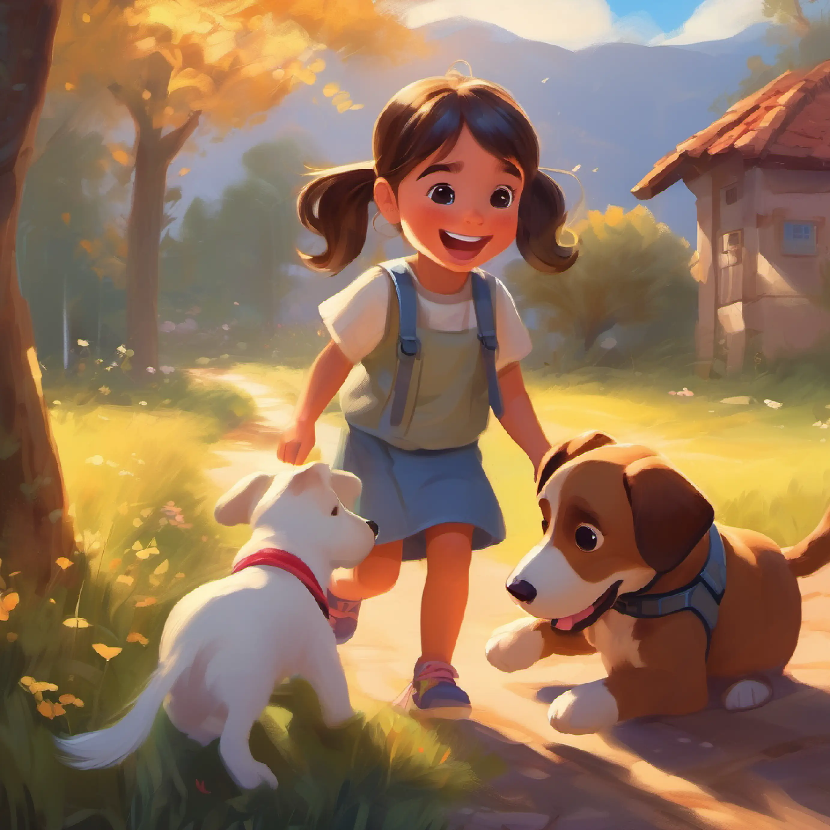 A little girl with rosy cheeks, big brown eyes, and a ponytail meeting a happy puppy, playing together and laughing