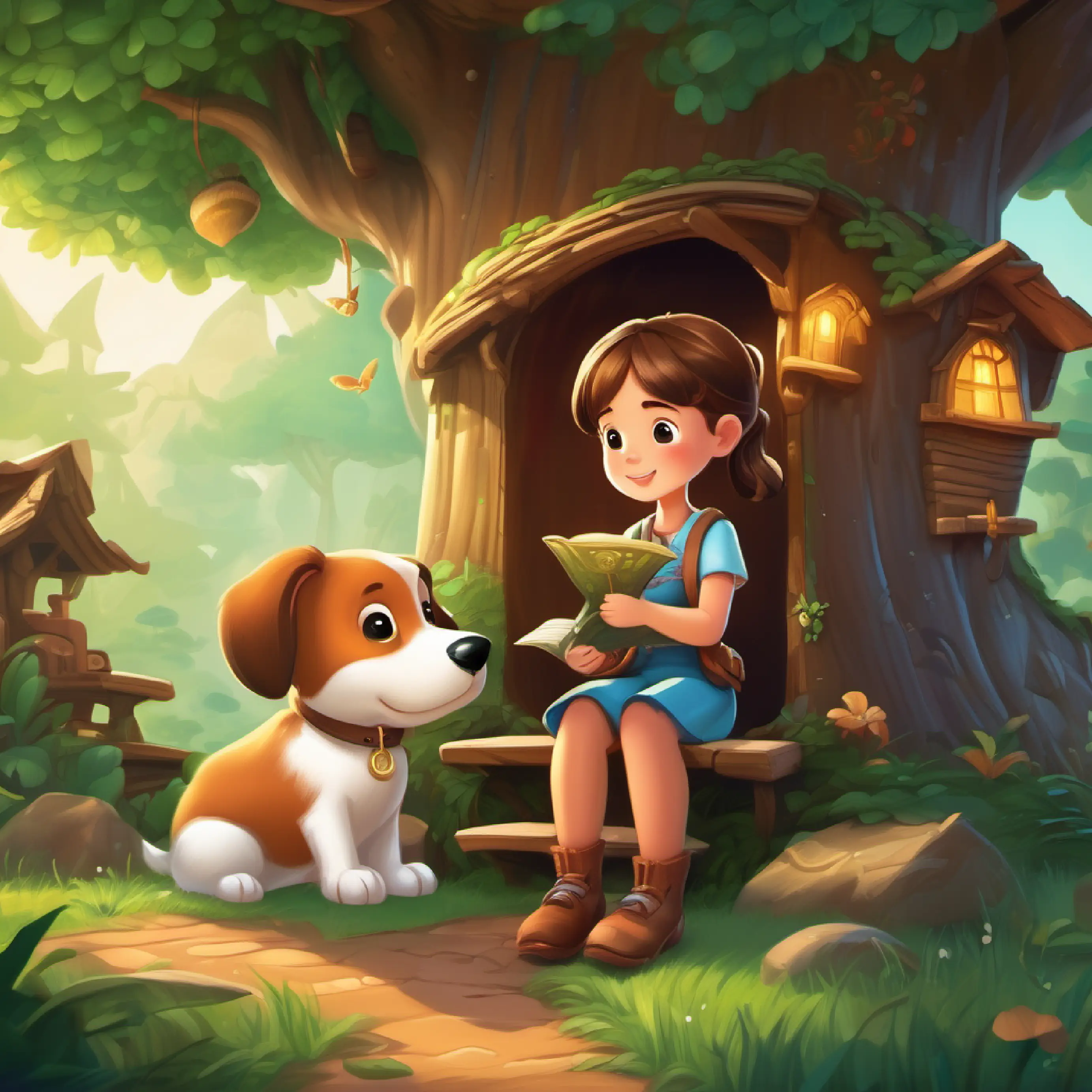 A little girl with rosy cheeks, big brown eyes, and a ponytail and the puppy finding a magical treehouse with a treasure map