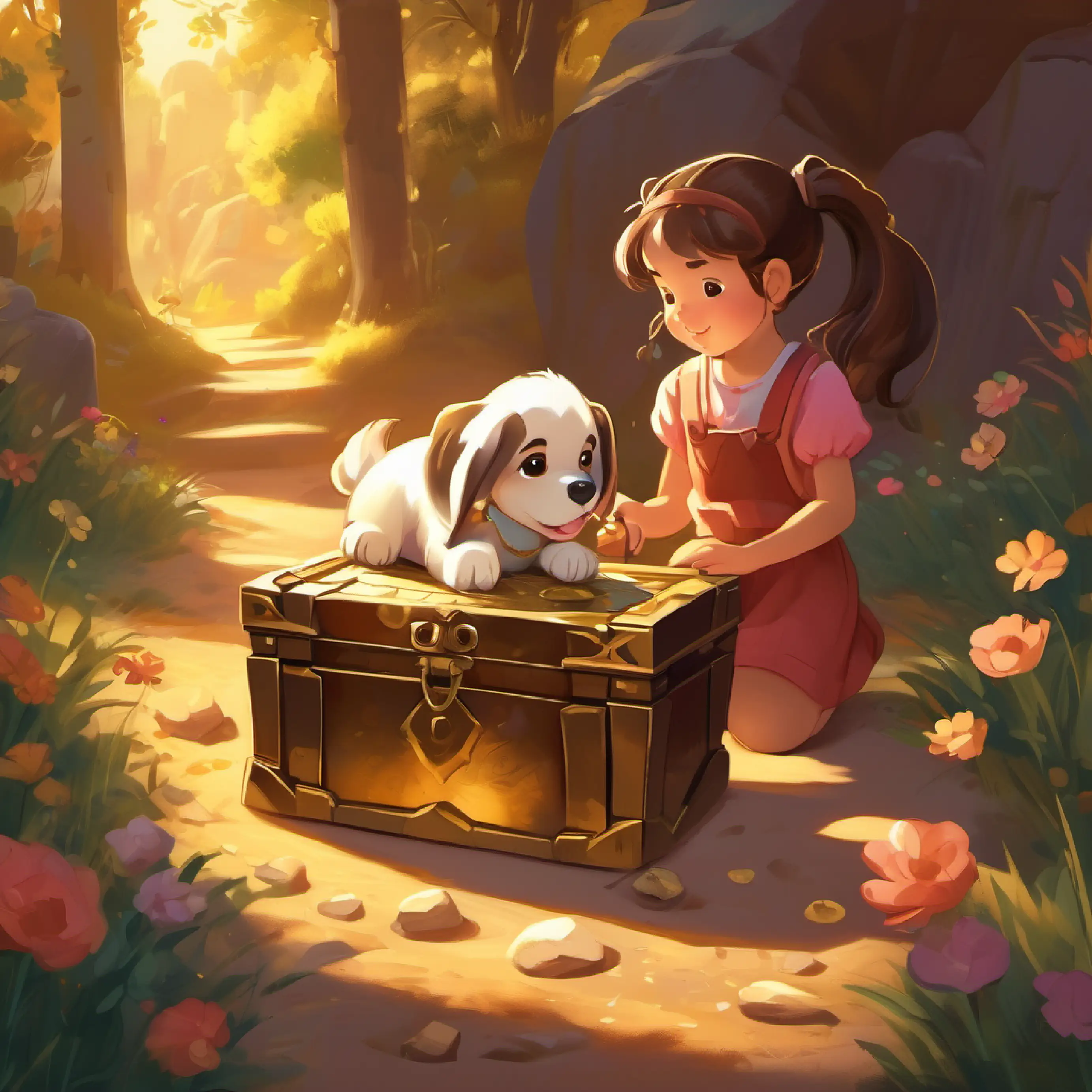 A little girl with rosy cheeks, big brown eyes, and a ponytail and the puppy finding a treasure chest with shiny jewels and gold