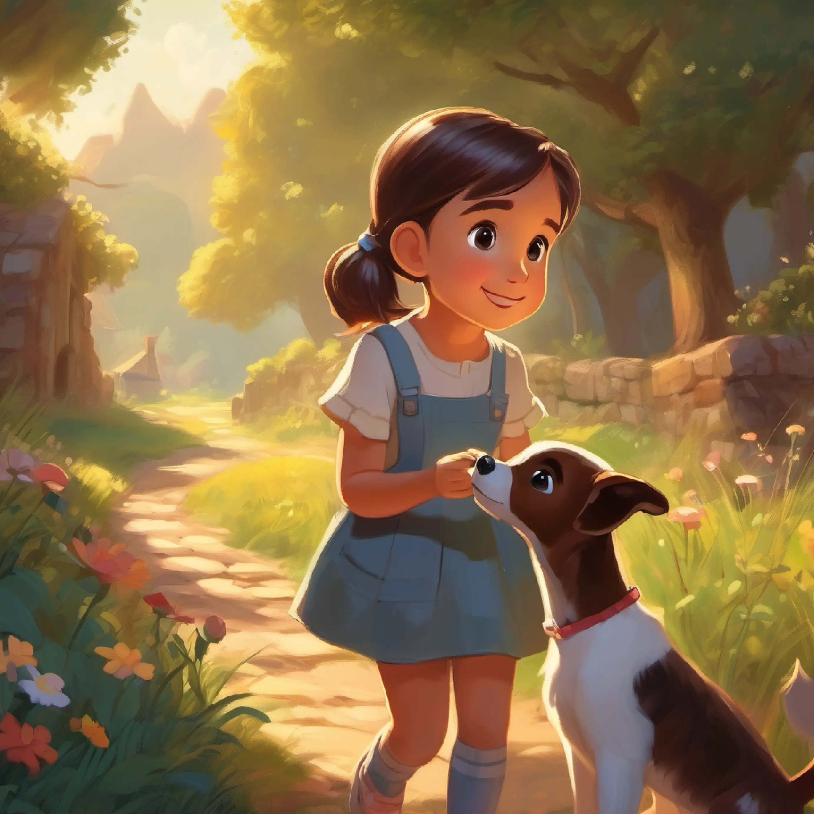 A little girl with rosy cheeks, big brown eyes, and a ponytail and the puppy sharing the treasure, making other children happy