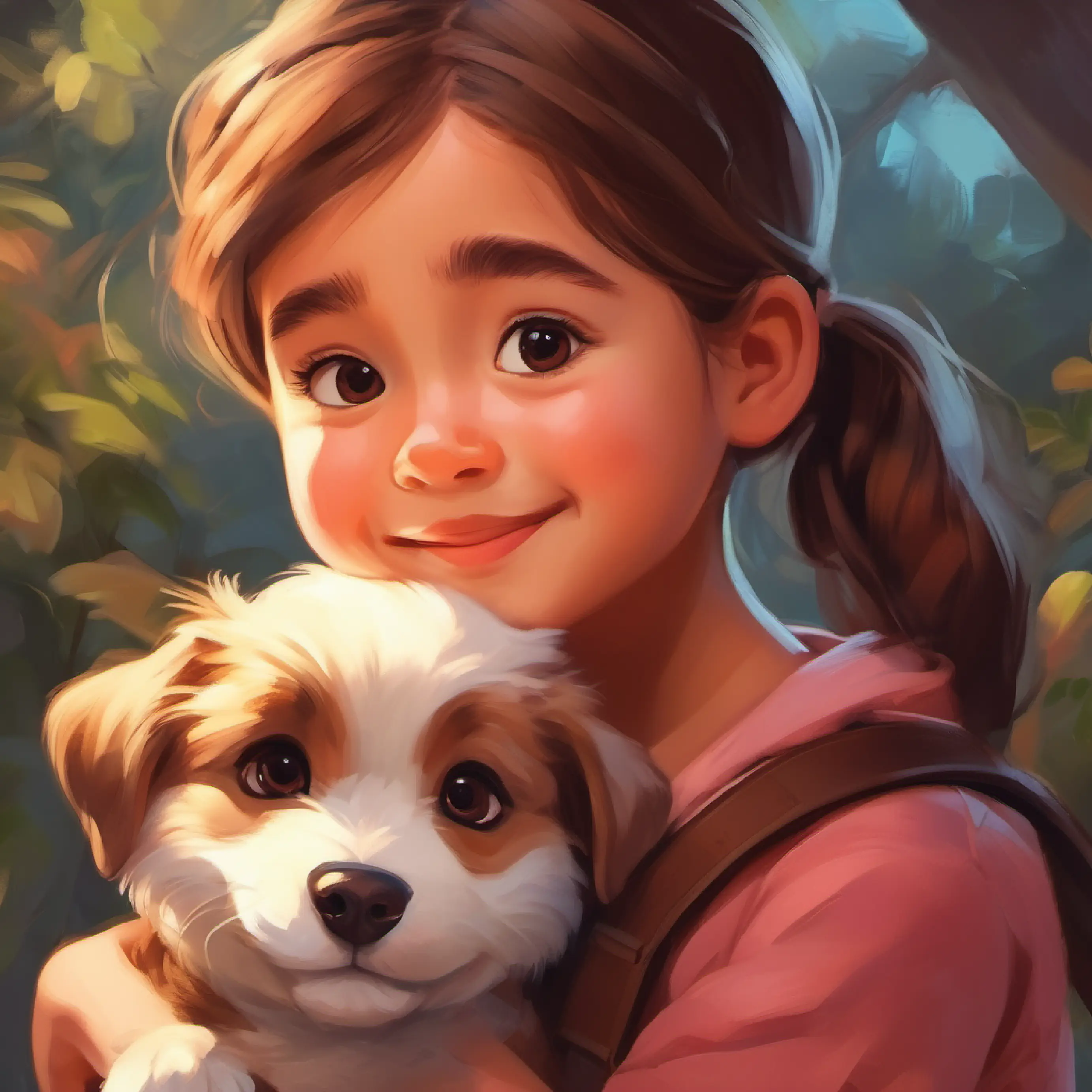 A little girl with rosy cheeks, big brown eyes, and a ponytail hugging the puppy, feeling happy and looking forward to more adventures