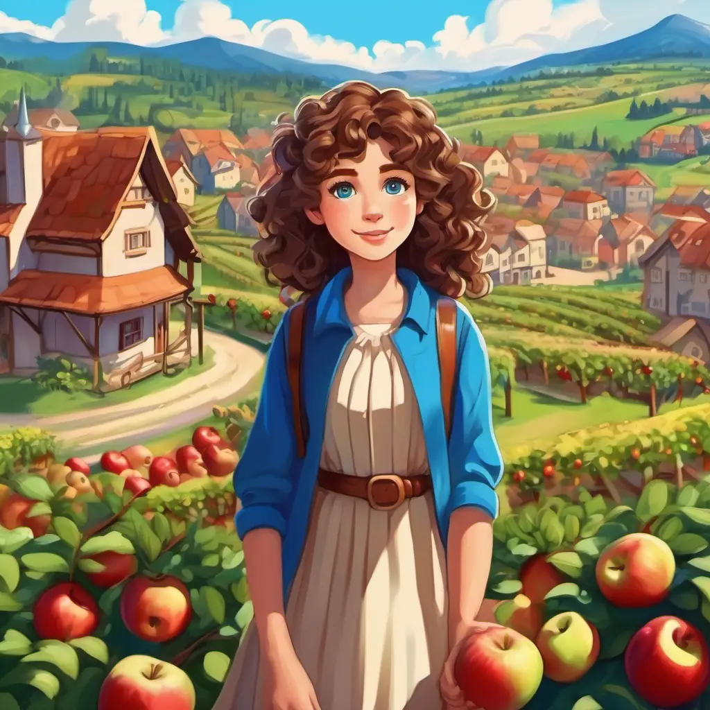 Curly brown hair, bright blue eyes with curly brown hair and bright blue eyes. Town with houses and an orchard full of apples.
