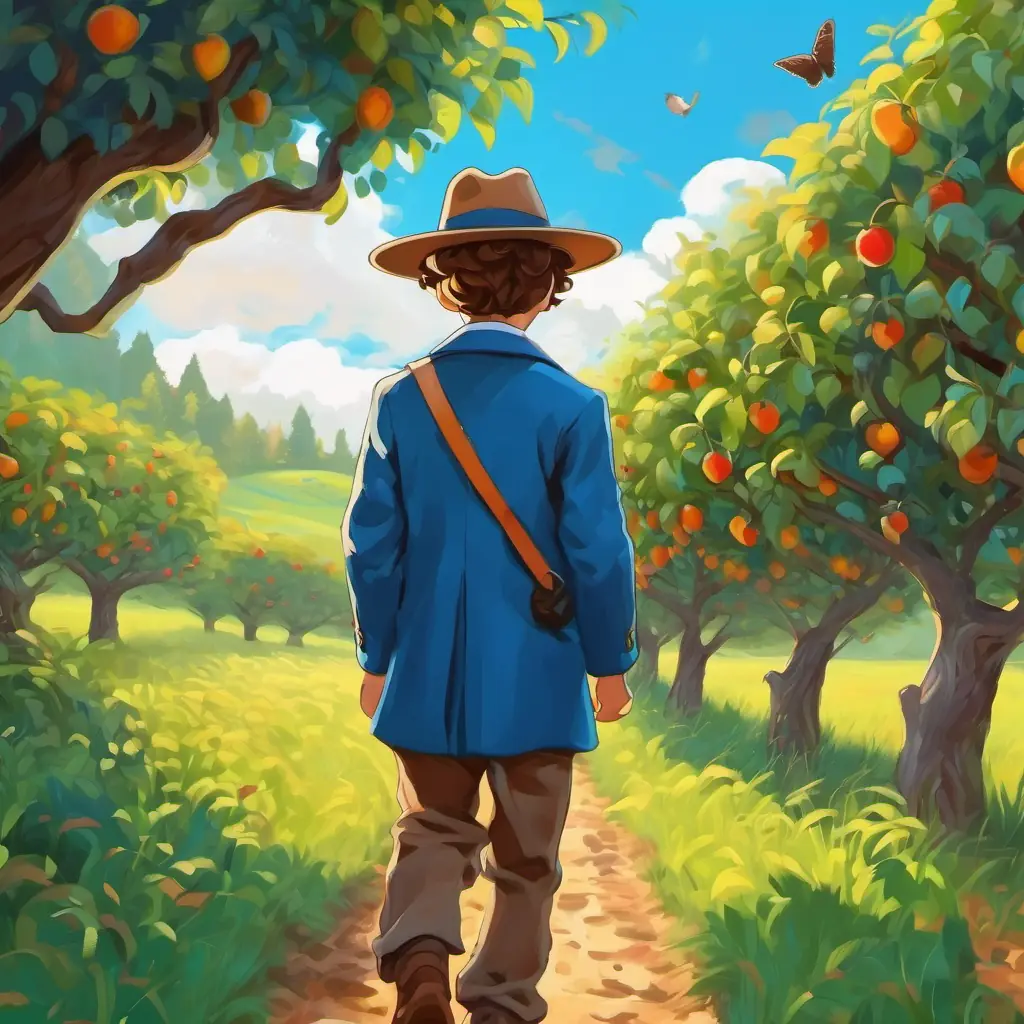 Curly brown hair, bright blue eyes wearing a detective hat, looking at footprints with little claws in the orchard.
