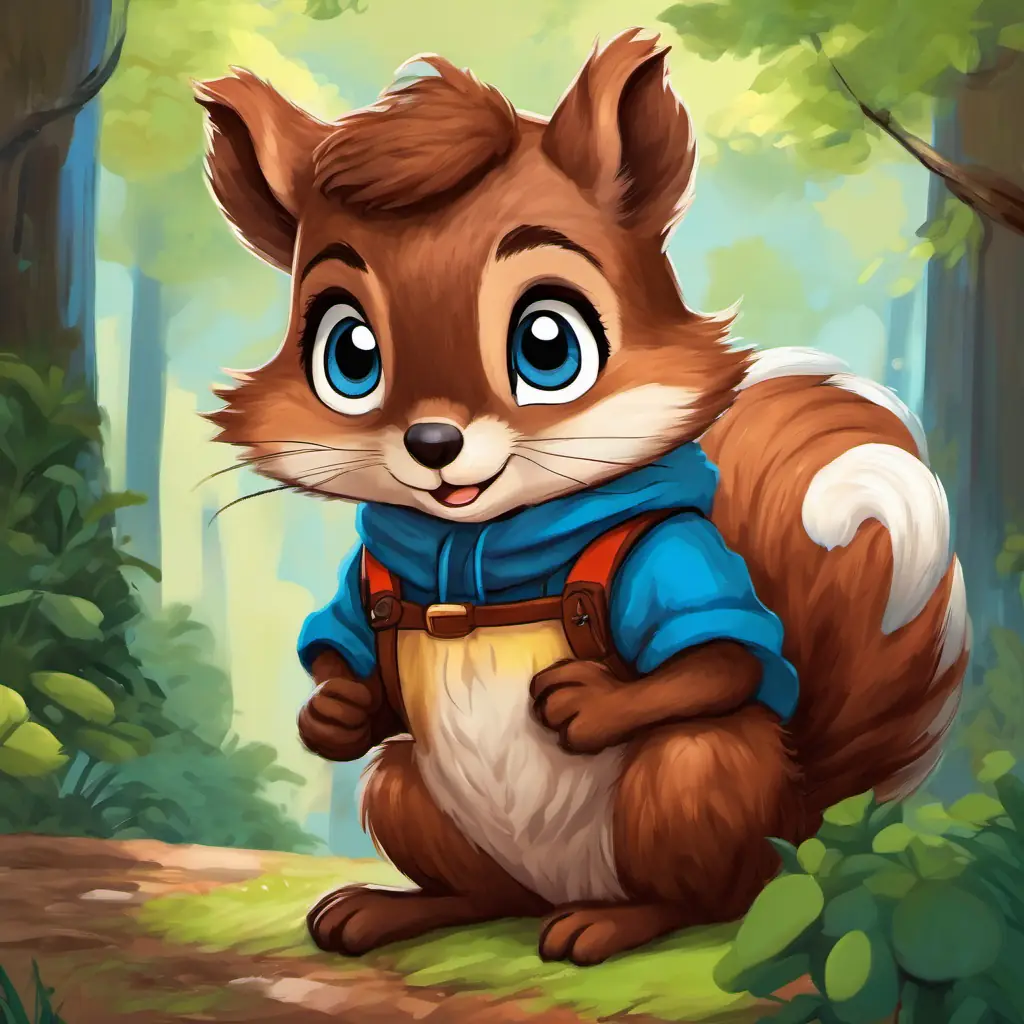 Curly brown hair, bright blue eyes talking to Reddish-brown fur, tiny black eyes, a squirrel with reddish-brown fur and tiny black eyes.