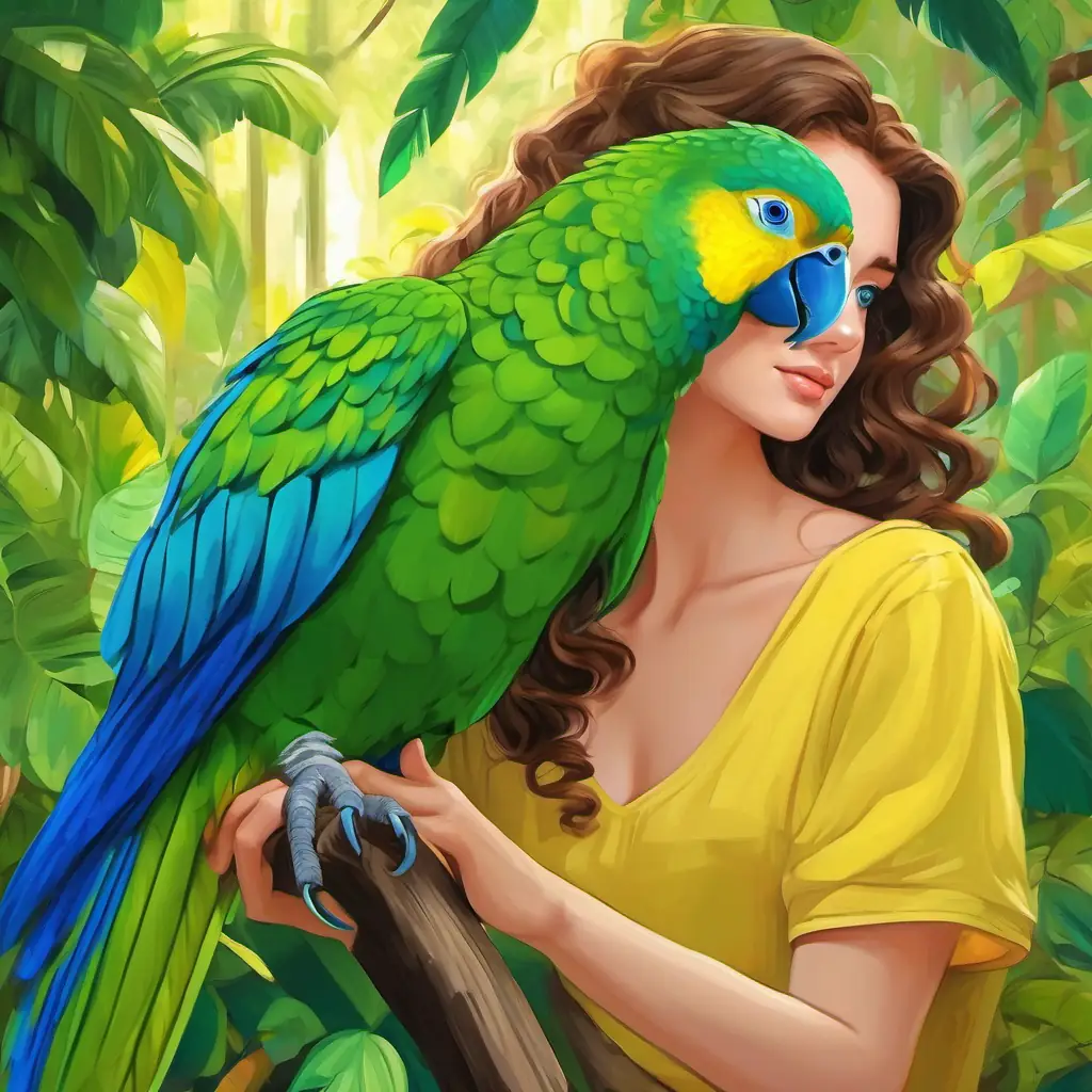 Curly brown hair, bright blue eyes talking to Max's pet parrot Beautiful green bird, yellow feathers, a green bird with yellow feathers.