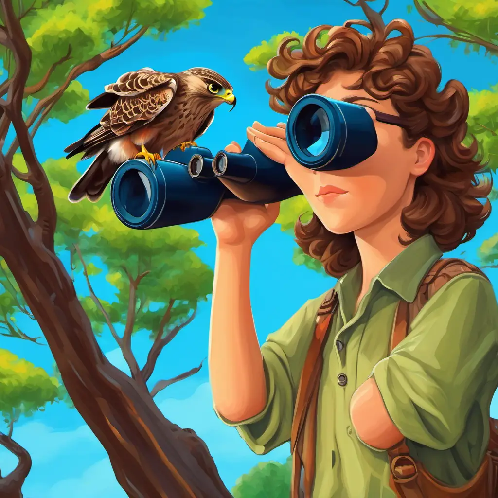 Curly brown hair, bright blue eyes using binoculars to spot the falcon on a tall tree.