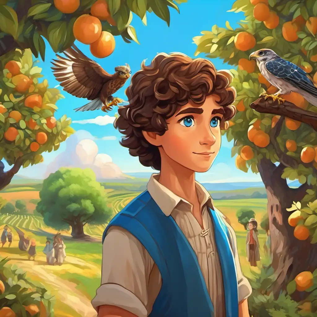 Curly brown hair, bright blue eyes and the falcon finding another orchard. Townspeople relieved and thankful.
