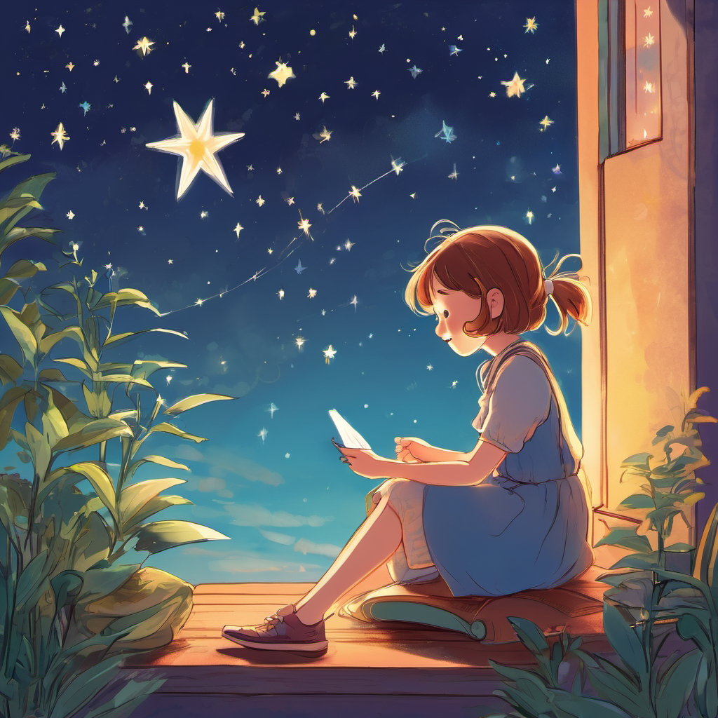 Lily sat down next to the star and looked up at the sky. She asked the star all the questions she had always wondered about. Where do shooting stars come from? Do aliens really exist? The star answered her questions with a light that twinkled and danced. Lily felt a sense of warmth and peace wash over her.