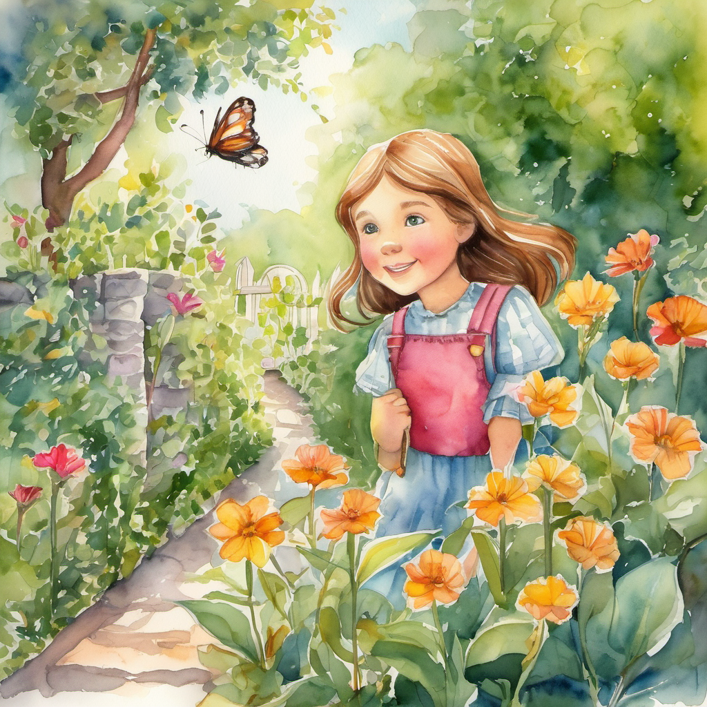 Once upon a time, in a quiet village, there lived a brave and curious little girl named Lily. Lily loved spending time outdoors in her beautiful garden, filled with colorful flowers and buzzing bees. Every day after school, she would run outside and tend to her plants, nurturing them with love and care. One afternoon, as Lily was digging through the soil, she noticed a peculiar rustling sound coming from behind a tall hedge. Her eyes sparkled with excitement as she realized it was a hidden gate, covered in vines. With a boost of confidence, she pushed through the tangled branches and discovered a magical place called "The Secret Garden of Whispers".