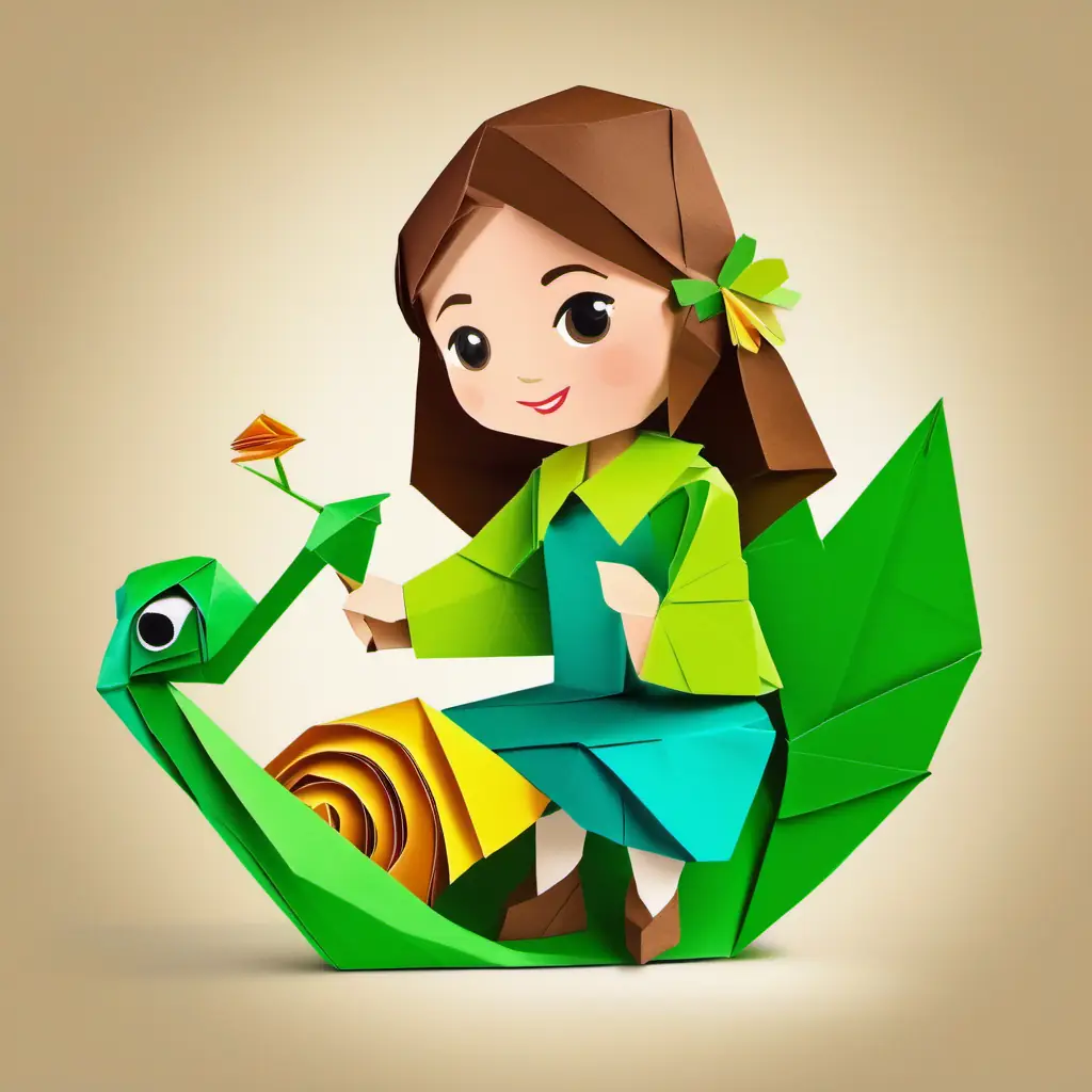 A warm-hearted girl with brown hair and bright green eyes encouraging the snail, sharing stories.