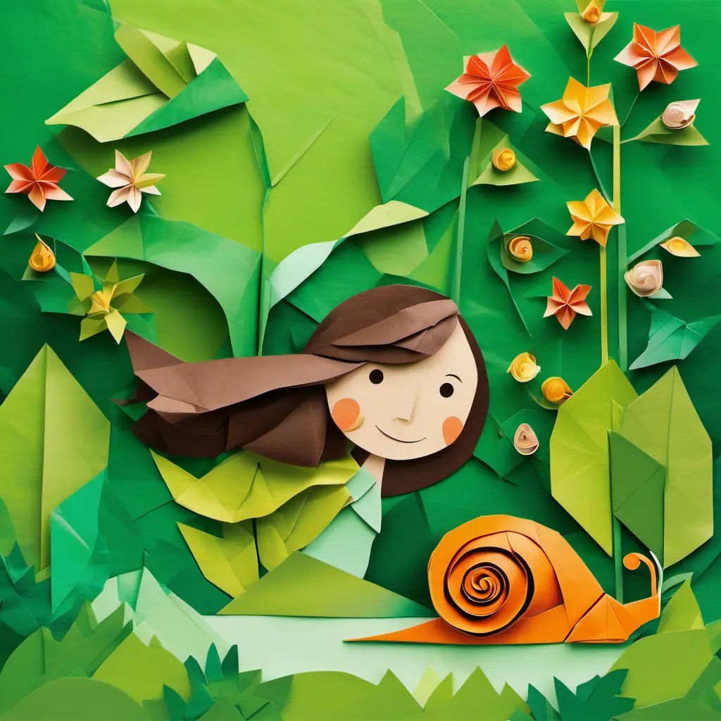 Adventure in the garden, bonding of A warm-hearted girl with brown hair and bright green eyes and the snail.