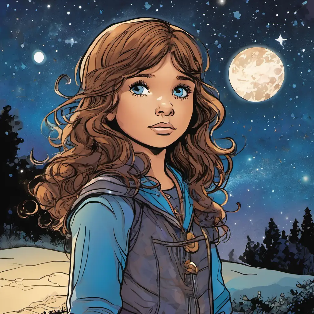 A young girl with curious blue eyes and wavy brown hair admires the night sky, focuses on a sapphire star.