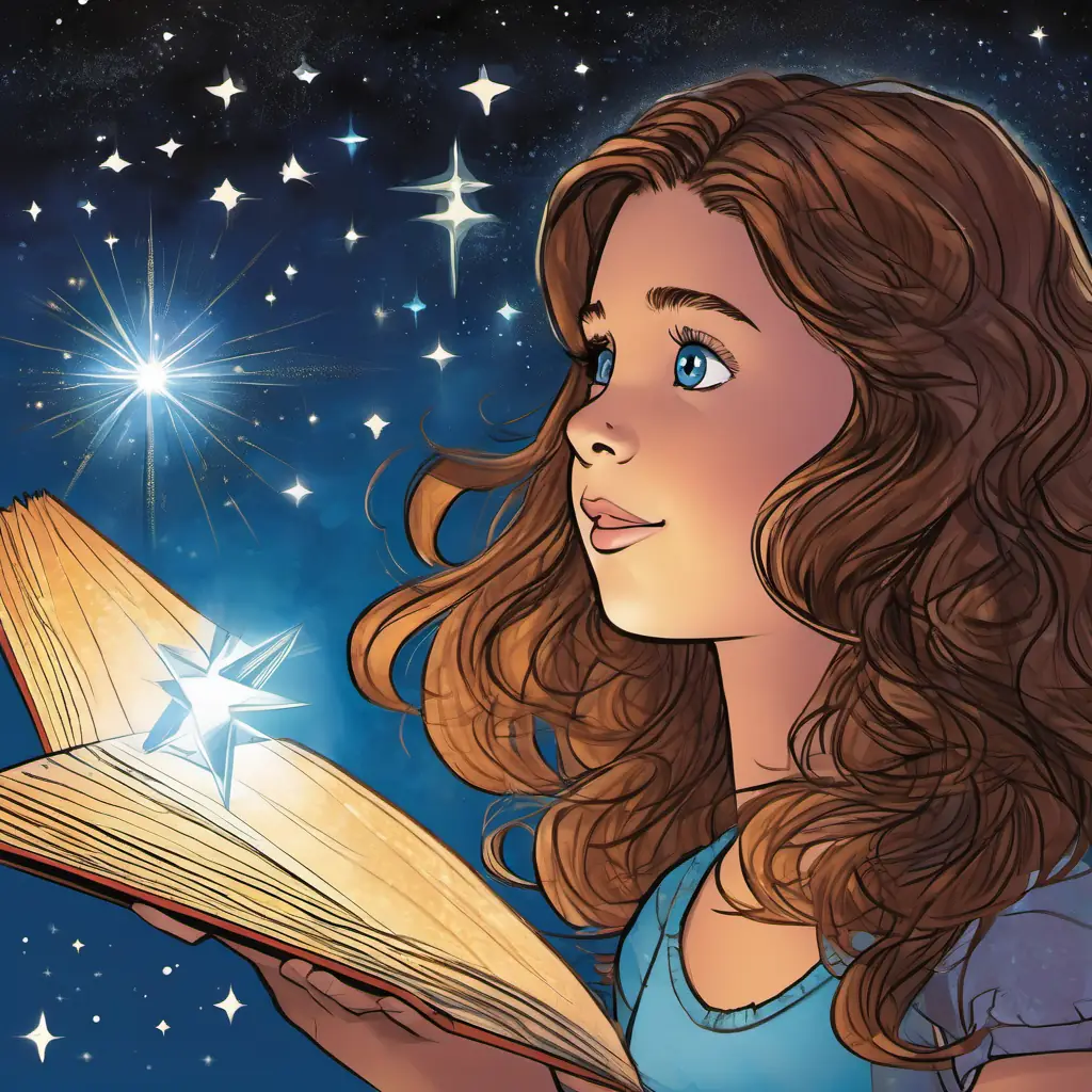A young girl with curious blue eyes and wavy brown hair is curious about the star's magical past.