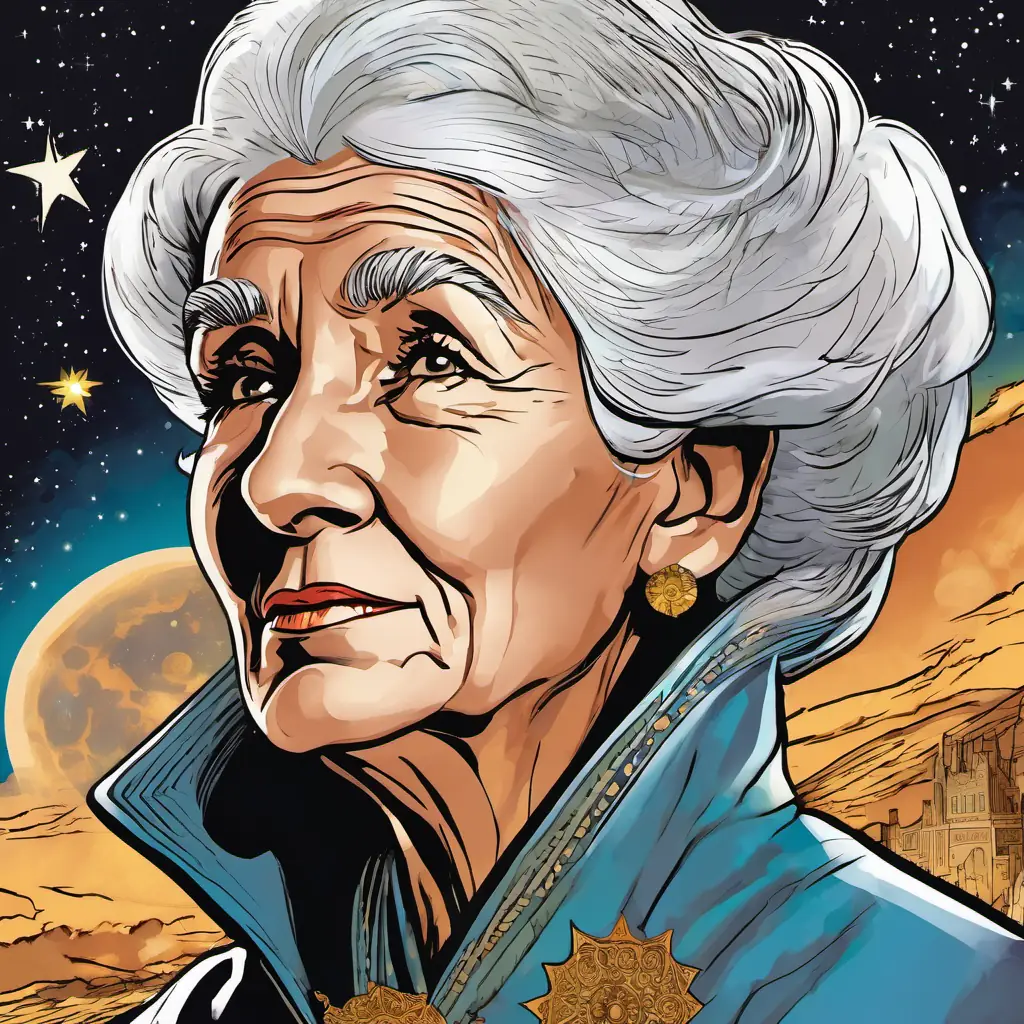 An elderly woman with wise eyes and silver hair shares the tale of the star guiding travelers.