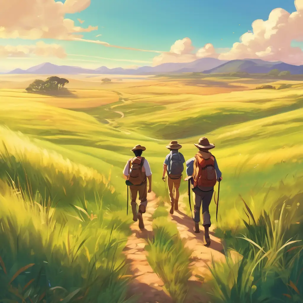 The friends begin their adventure, highlighting their camaraderie and excitement as they journey through the grasslands.